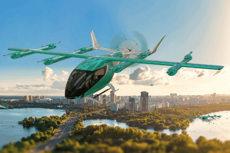 Eve Air Mobility eVTOL aircraft over Bahrain skyline showcasing sustainable air transport innovation.