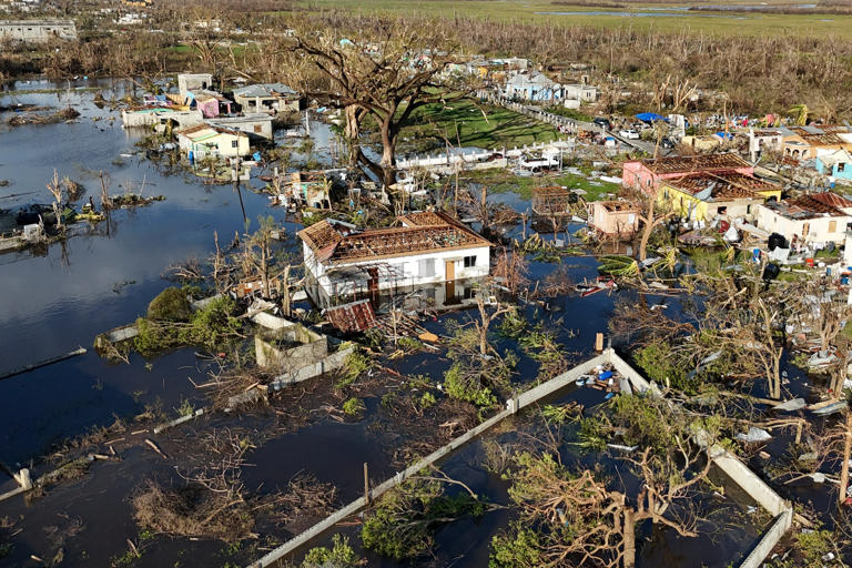 Severe damage caused by Hurricane Melissa 2025 in the Caribbean, showing destroyed homes and flooded streets